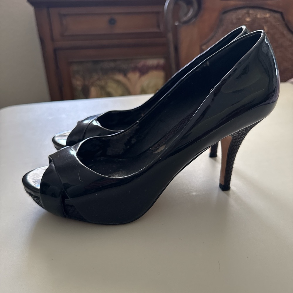 White House Black Market Glossy Black Peep-Toe Heels